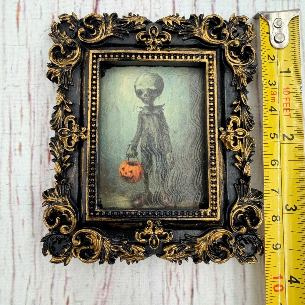 Gothic Zombie Skeleton Halloween Art Print Ornate Black Gold Resin Frame